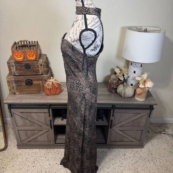 VTG Gunne Sax Jessica McClintock Y2K Glitter Leopard Halter Maxi Dress Jr Sz 9 - Picture 4 of 9